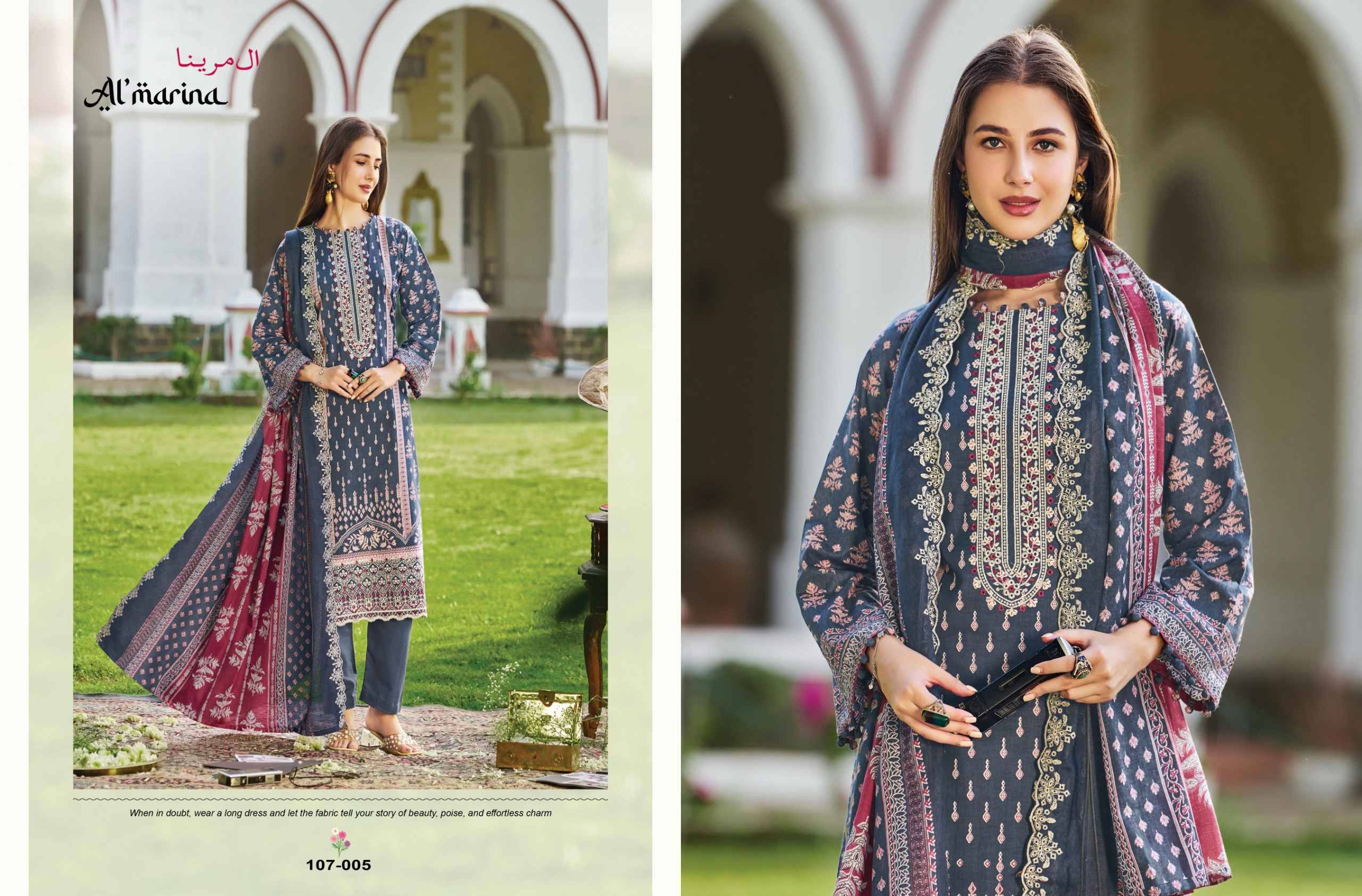 ALFAAZ 107 Series By ALMARINA Pakistani Stylish Beautiful Colourful Printed & Embroidered Party Wear & Occasional Wear Pure cotton Dresses At Wholesale Price